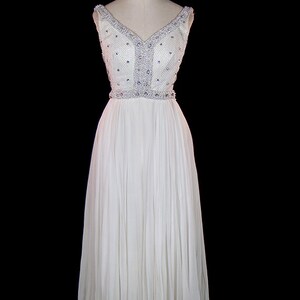 1960s grecian goddess gown or wedding dress, rhinestone jeweled silver mesh over white ivory silk chiffon