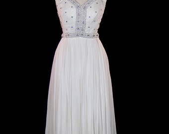 1960s grecian goddess gown or wedding dress, rhinestone jeweled silver mesh over white ivory silk chiffon