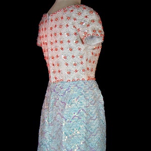 1950s / 1960s beaded sequined dress, blue orange white, lace trim, heavily embellished cocktail evening reception party dress image 5