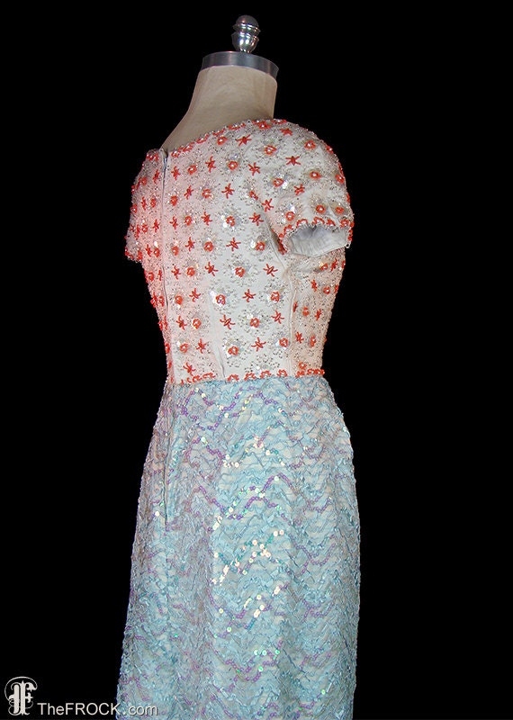 1950s / 1960s beaded sequined dress, blue orange … - image 5