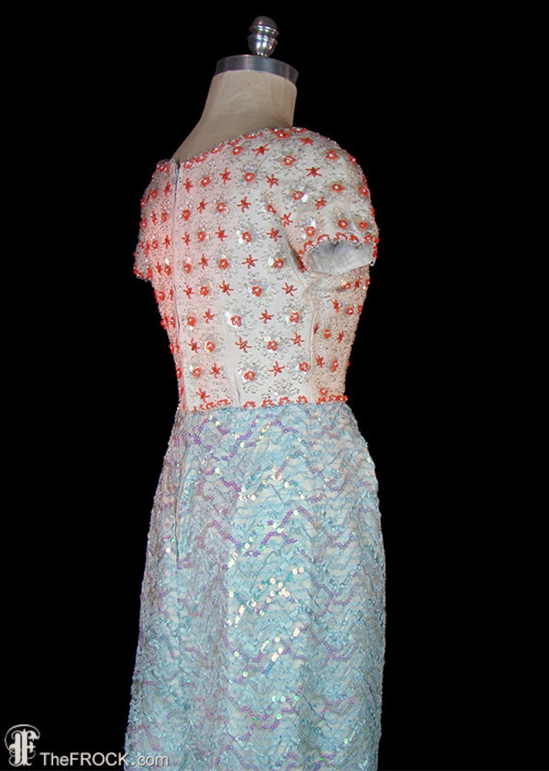1950s / 1960s beaded sequined dress, blue orange white, lace trim, heavily embellished cocktail evening reception party dress image 5