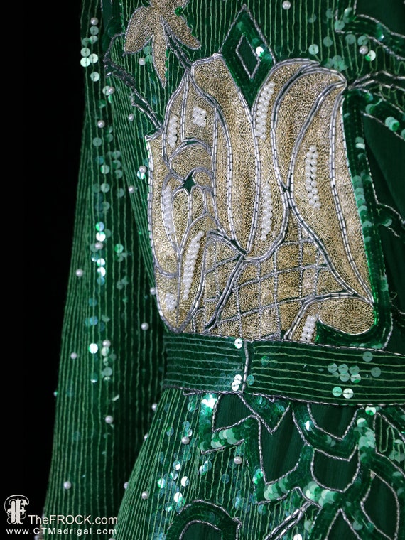 1970s sequin dress, green beaded gown belted, lon… - image 7