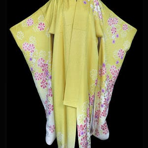 Vintage silk kimono, robe or coat or dressing gown, yellow furisode, floral flowers, floor length long sleeves
