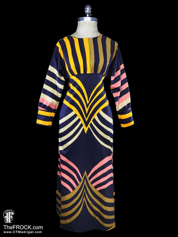 Bonwit Teller 1960 1970 striped maxi dress long Dolman sleeve op art mod modernist pattern boho bohemian navy blue Black yellow orange pink
