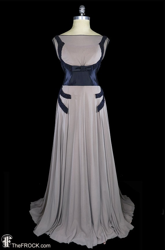 Vampy 1930s art-deco gown, blue silk satin dress g