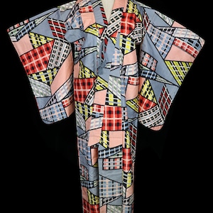 Old silk kimono, robe, coat or dressing gown, vintage abstract plaid tomesode furisode, floor length, long sleeves, modernist cubist