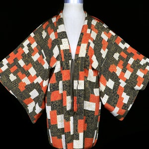 Old silk haori kimono, robe or jacket or dressing gown, vintage orange gold cubist cubism patchwork Gustav Klimt style pattern, short image 1