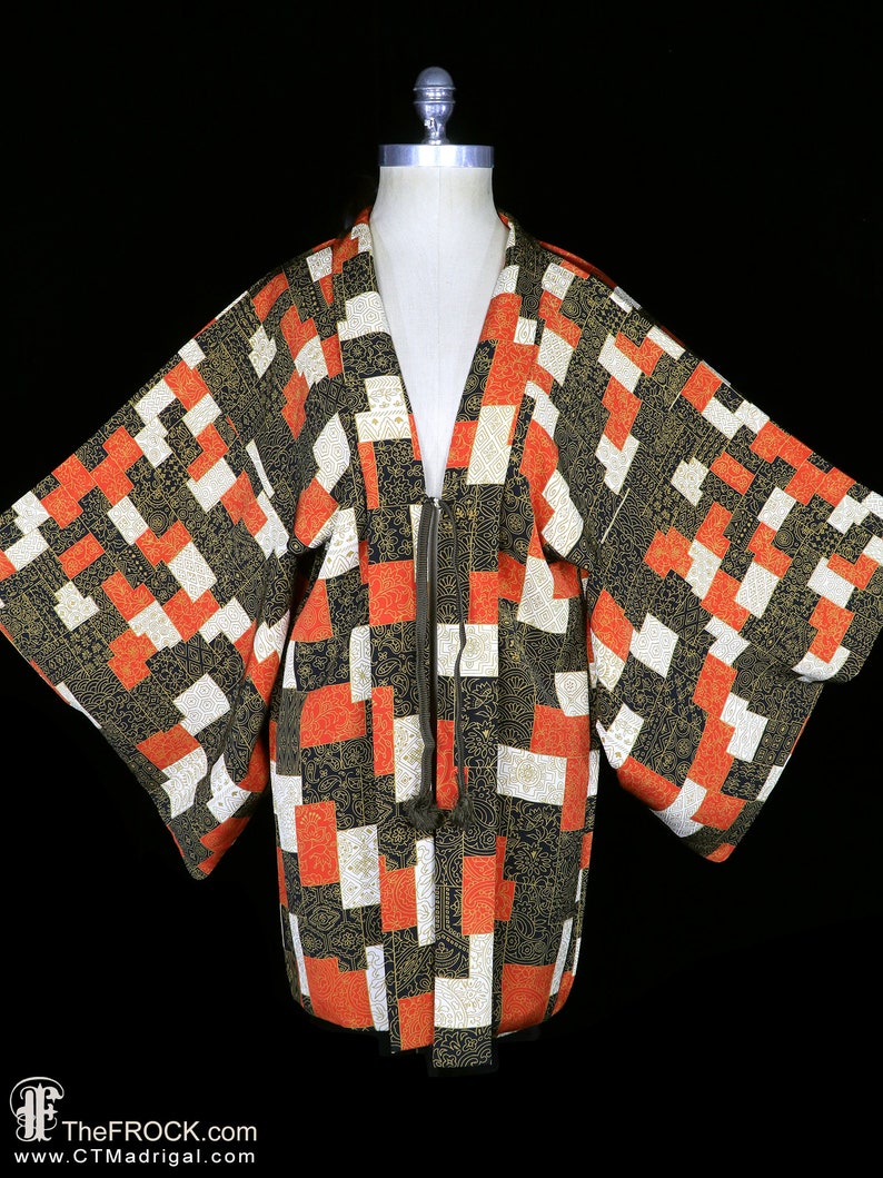 Old silk haori kimono, robe or jacket or dressing gown, vintage orange gold cubist cubism patchwork Gustav Klimt style pattern, short image 1