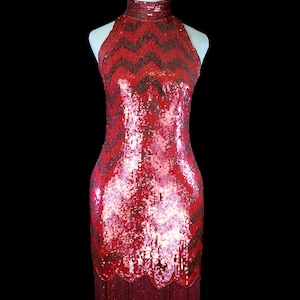 Naeem Khan beaded red sequined dress Riazee halter cocktail reception party trophy pageant Vegas body con heavily beaded sleeveless