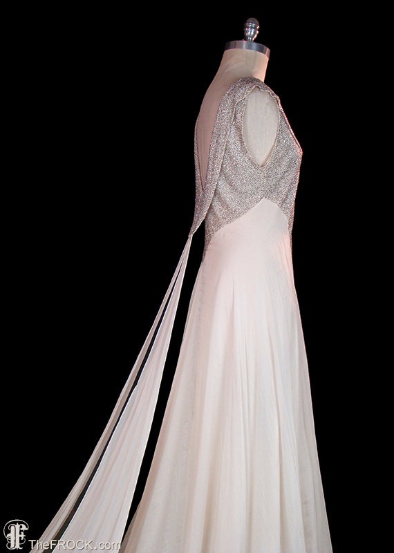 1930s Art Deco wedding, evening dress, beaded sil… - image 4