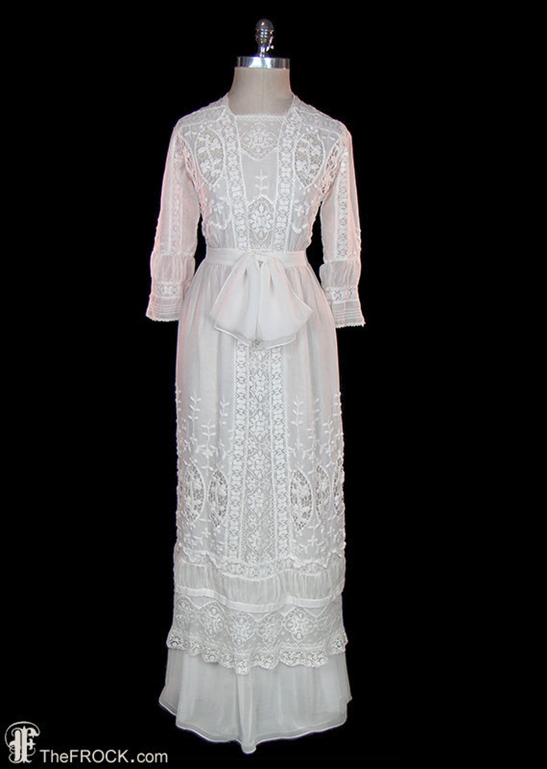 Edwardian Wedding Dress 1910, Silk Embroidered Lace, Antique