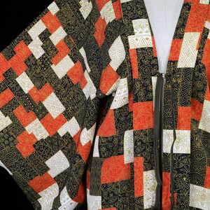 Old silk haori kimono, robe or jacket or dressing gown, vintage orange gold cubist cubism patchwork Gustav Klimt style pattern, short image 2