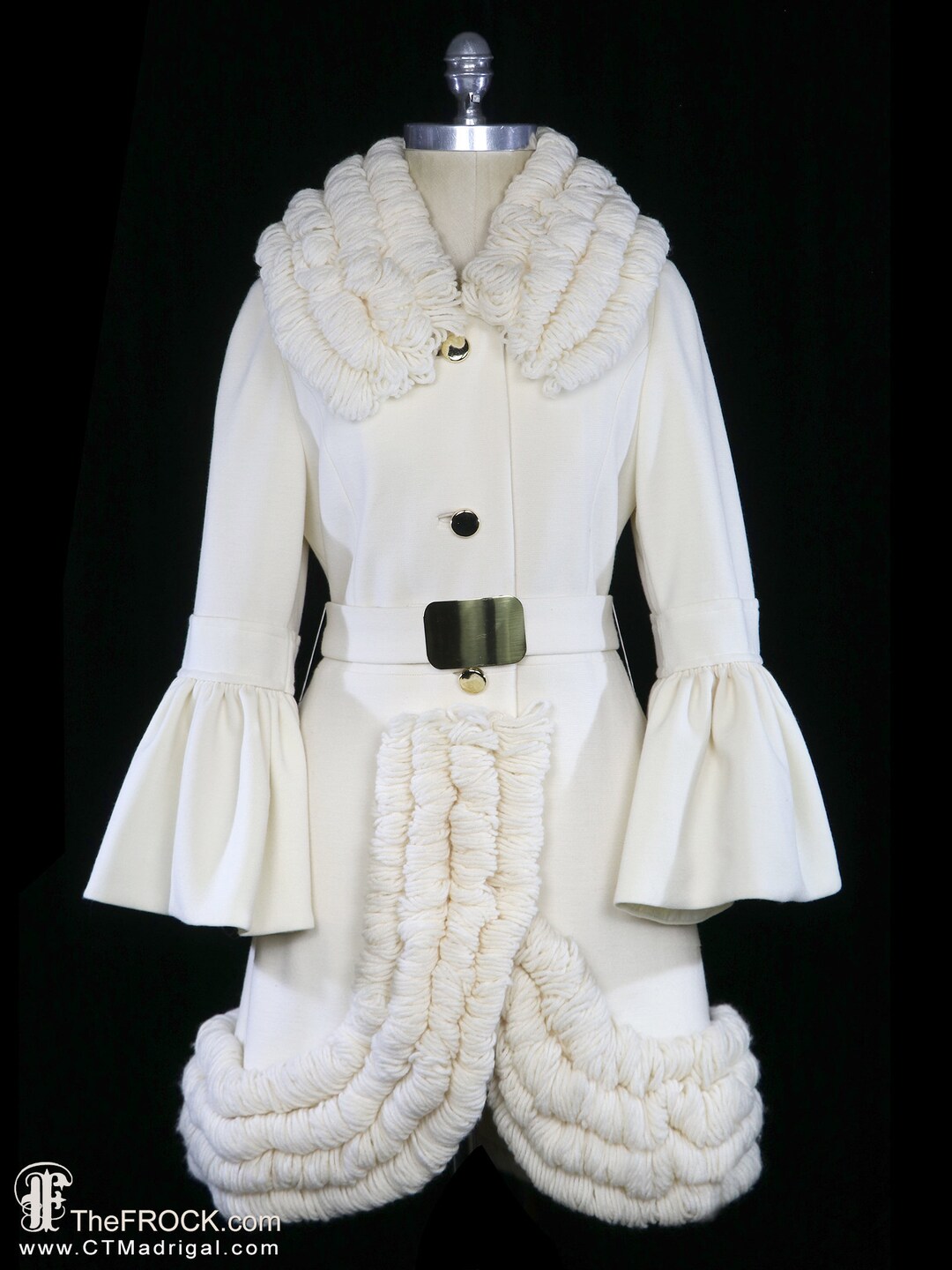 Lilli Ann Coat, Ivory off White Cream French Knit Coat Belted Huge Bell ...