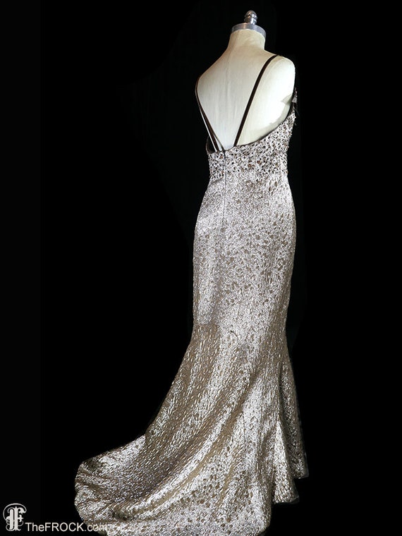 Carolina Herrera goddess gown, metallic gold dress beaded jeweled lame red carpet runway couture, train trained