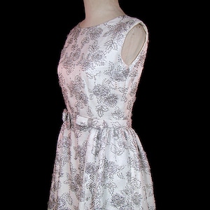 Midcentury beaded silver metallic evening dress w/ rhinestone knotted bows, sleeveless, short full skirt, vintage 1950s Audrey Hepburn style