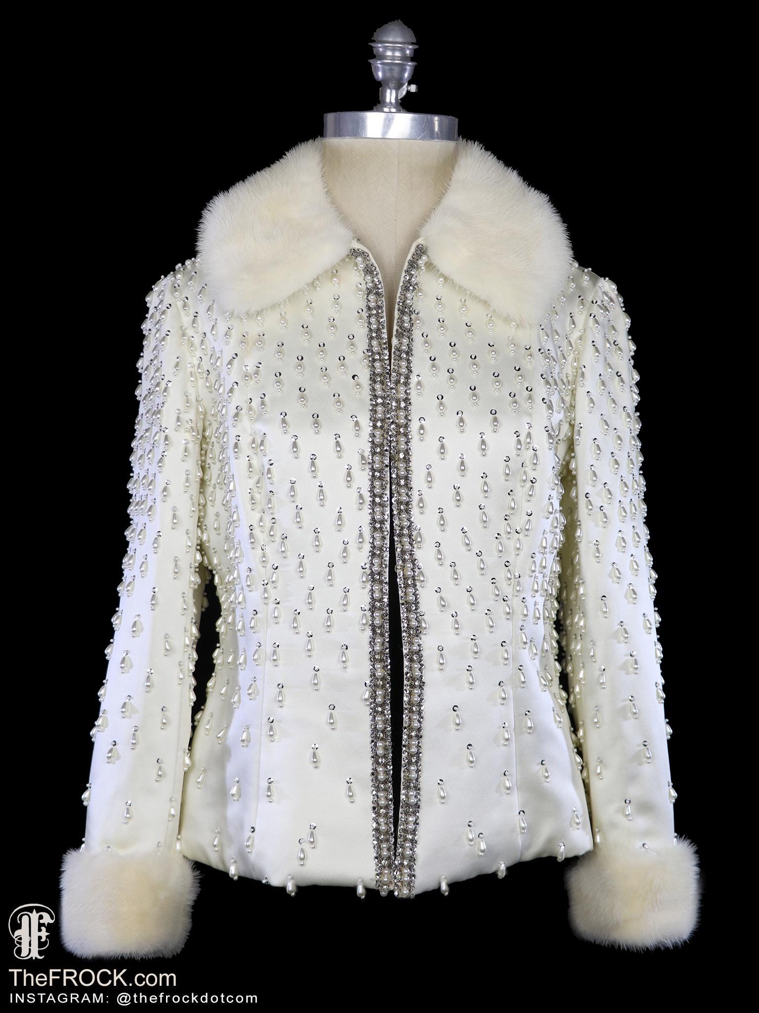 1960s Pearl Drop Beaded Ivory Silk Satin Jacket Mink Fur  display picture 2