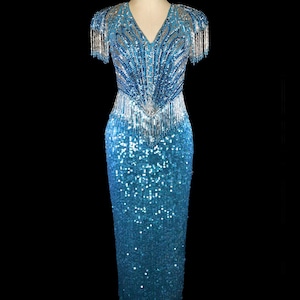1980s SAKS 5th AVE beaded fringe silk gown heavily beaded dress evening formal red carpet 80s trophy fitted body con blue silver open back