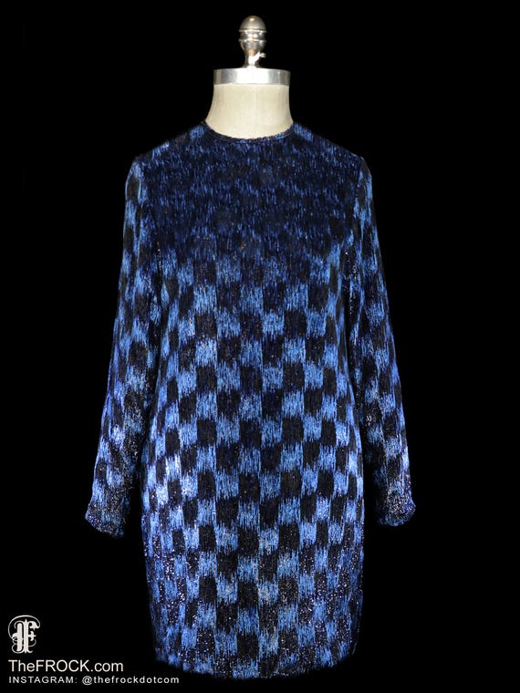 black and blue dress guy Guy Laroche Blue Checkerboard Cocktail Dress Long Sleeve Relaxed Loose Fit  Sack Dress Blue Metallic Effect Avant Garde Mod French Couture