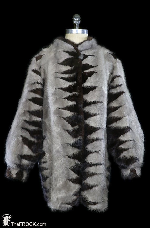 Unique vintage mink coat, blue iris fur jacket, big balloon bishop sleeves, 1960s 1970s 1980s wildcat tiger zebra stripes avant garde op art