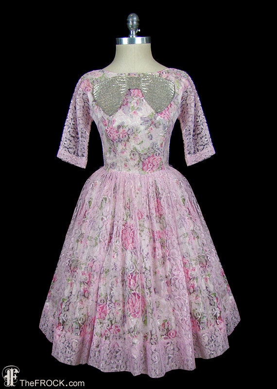 1950s dress, pink lace over floral with heavily beaded bow. Midcentury, New Look, I Love Lucy style. Evening, party, date, reception dress