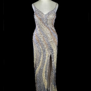 Stephen Yearick heavily beaded jeweled gown sleeveless bombshell trophy dress metallic sequined bugle beaded red carpet shoulder straps