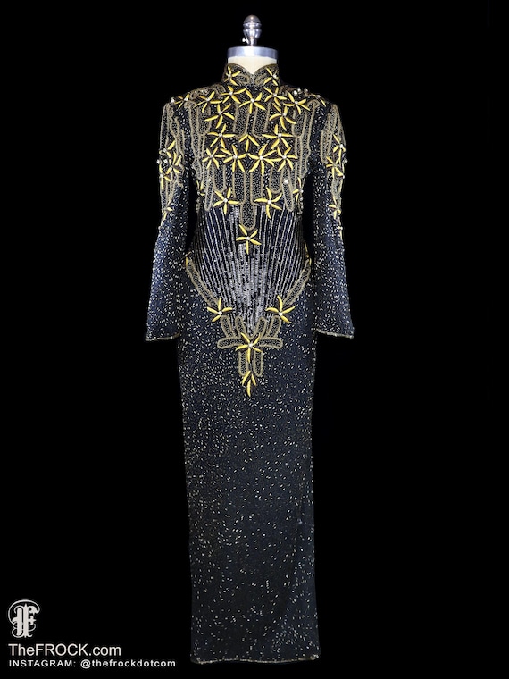 Vestido longo Bob Mackie com contas, lantejoulas pretas, bordado