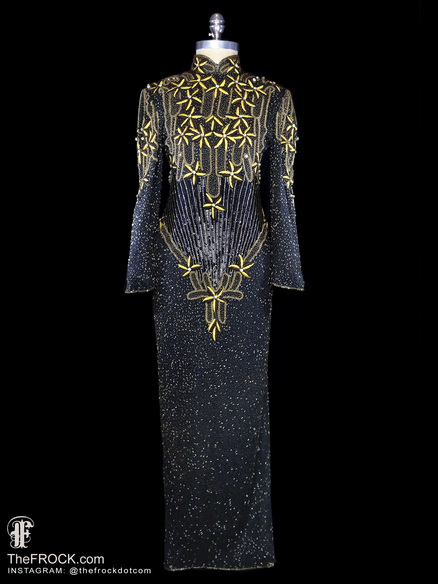 Bob Mackie Beaded Gown, Black Sequin Yellow Gold Embroidered Maxi Dress  Rhinestone Jeweled Long Sleeve Evening Red Carpet Floor Length - Etsy Norway
