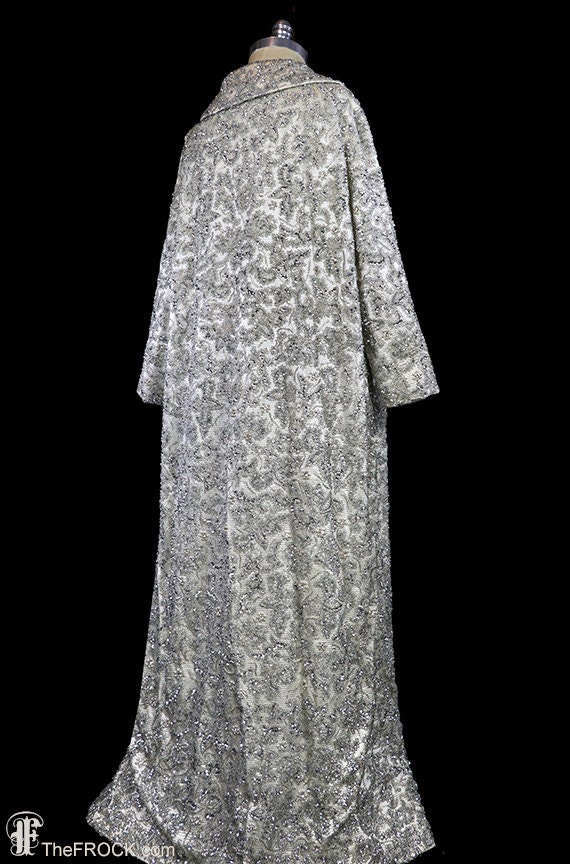 Long vintage beaded coat, silver silk satin eveni… - image 6