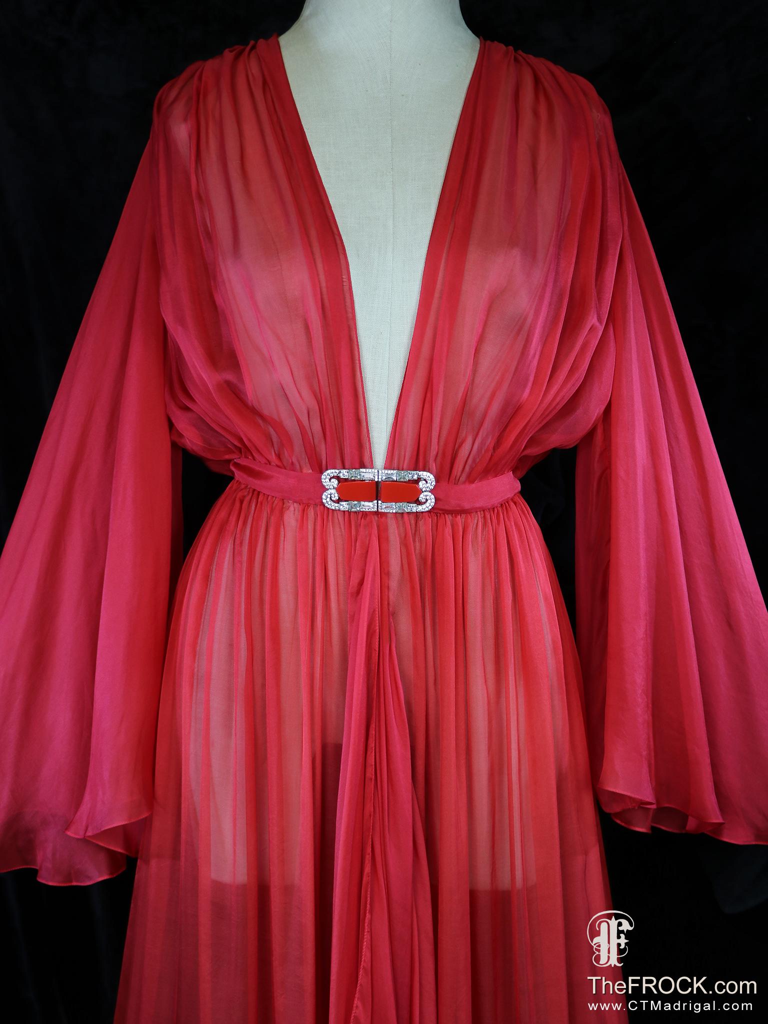 Vintage Red Dressing Gown, Art Deco Glass Buckle, Silk Chiffon Dress or ...