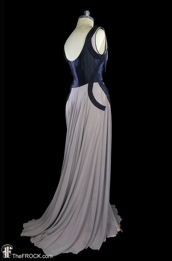 Vampy 1930s Art-deco Gown, Blue Silk Satin Dress Georgette