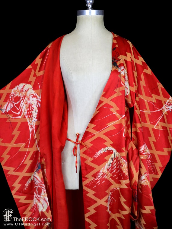 Antique silk robe, belted kimono furisode sleeves… - image 6