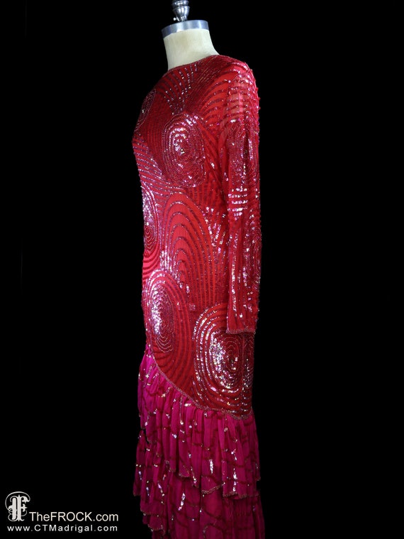 Elizabeth Arden beaded gown, red silk sequined ma… - image 4