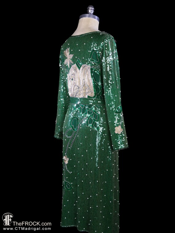 1970s sequin dress, green beaded gown belted, lon… - image 5