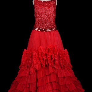 Sophie Gimbell red sequin gown w/ big ruffled skirt, 1950s 1960s prom / formal / red carpet / alternative wedding dress, sleeveless