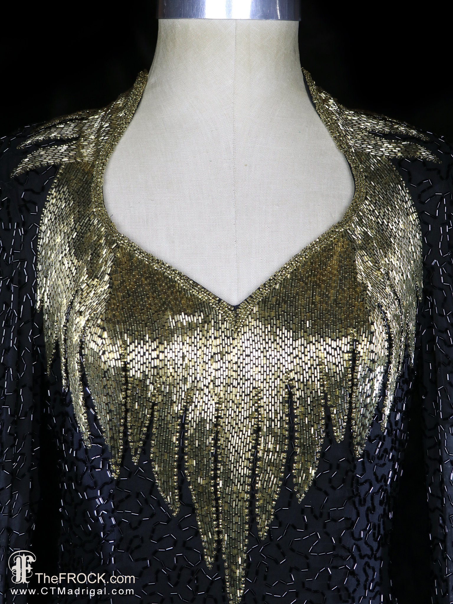 SAKS Beaded Dress Gold Black Bugle Bead Cocktail Gown Silk Chiffon