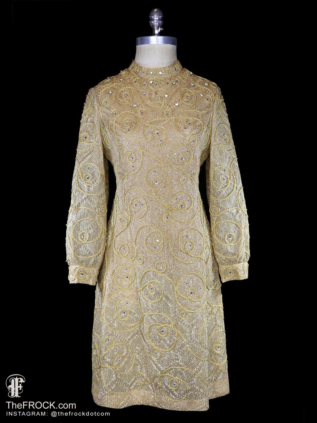 Pierre Balmain Jeweled Dress Gold Metallic Mesh Lace Cocktail Rhinestone Crystal Beaded Couture Long Sleeve French Couture Cocktail Gown