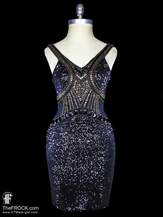 Versace beaded and sequined black gold cocktail d… - image 1