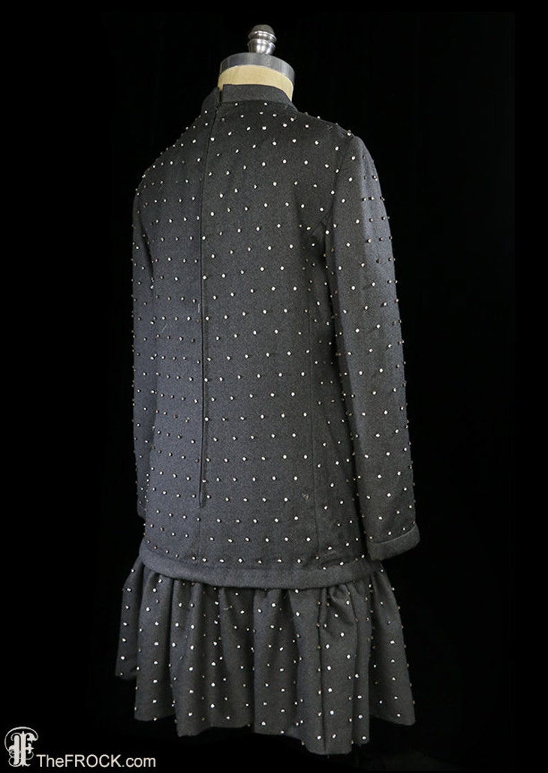 Teal Traina rhinestone gray wool dress, 1960s 1970s mod dress, long sleeve, beaded jeweled, drop waist short skirt, Norell Cardin style image 5