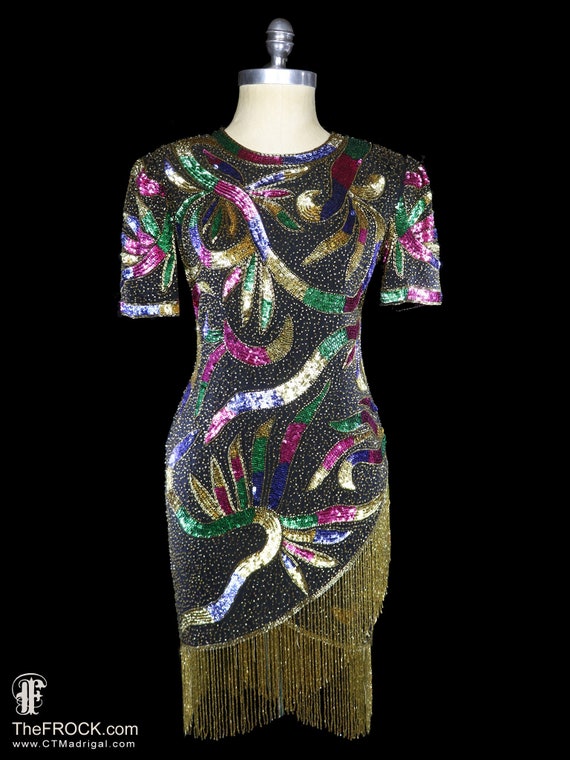 bugle beads dress Beaded Fringe Dress, Gold Black Blue Op Art Cocktail Silk Chiffon Trophy Party Reception Short Sleeve Open Back Not Backless its delicate beadwork and COMBO Y-Sunset Womens Floral Midi Pre-Set Configuration:3pcs Set