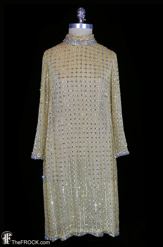 Norman Norell Jeweled Dress, Heavily Rhinestone Beaded Couture Cocktail Gown, Long Sleeve, Loose Fit, 1960s 1970s, Gold Lame Metallic