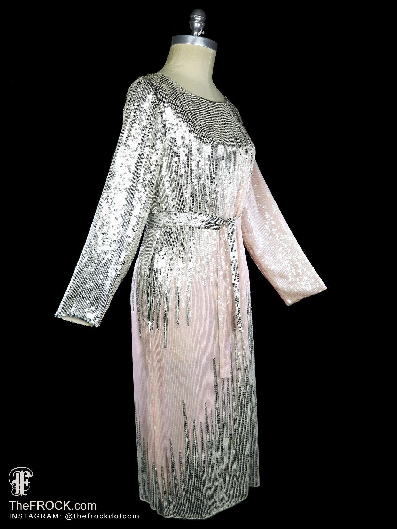 Halston Sequined Evening Dress Belted Metallic Silver Pink Peach Beaded Flapper Gown 1970 1980 70s 80s Vintage Silk Relaxed Fit Long Sleeves