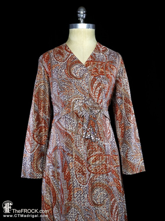 1960s maxi dress, jeweled metallic gown, long slee