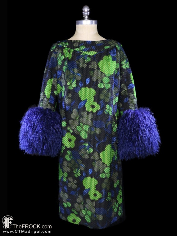 Pauline Trigere dress 1960 long sleeve midi gown floral fur cuff