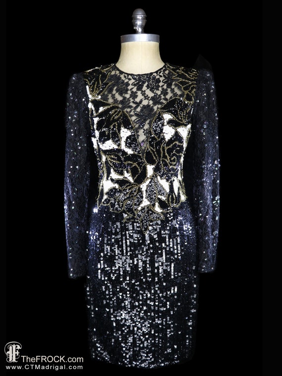 Saks 5th Ave beaded lace dress, vintage LBD black… - image 1