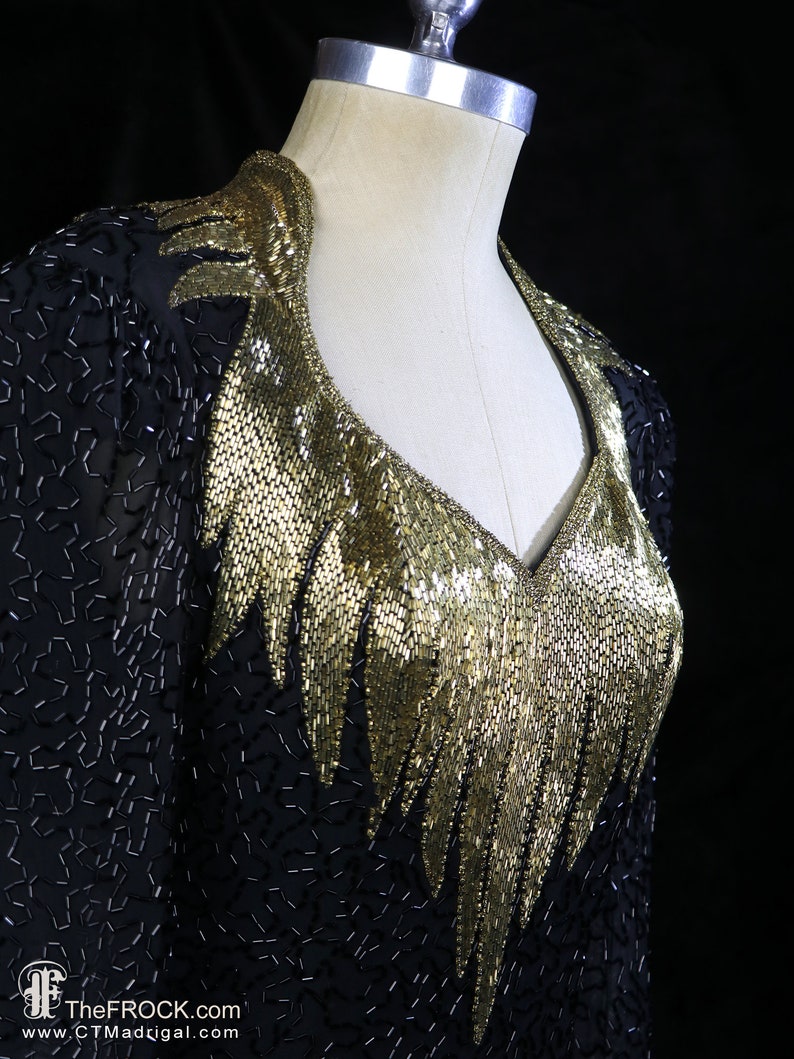 SAKS Beaded Dress Gold Black Bugle Bead Cocktail Gown Silk Chiffon