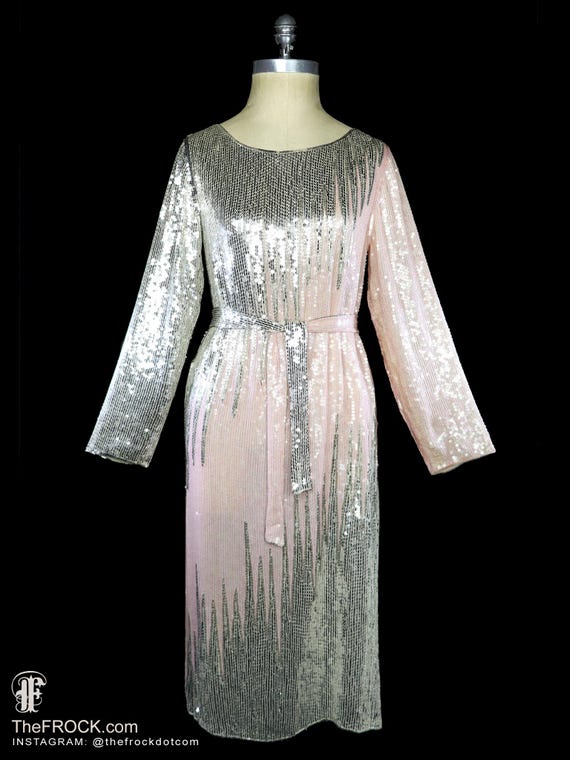Halston Sequined Evening Dress Belted Metallic Silver Pink Peach Beaded Flapper Gown 1970 1980 70s 80s Vintage Silk Relaxed Fit Long Sleeves - Etsy Israel Halston Sequined Evening Dress Belted Metallic Silver Pink Peach Beaded Flapper Gown 1970 1980 70s 80s Vintage Silk Relaxed Fit Long Sleeves - Etsy Israel