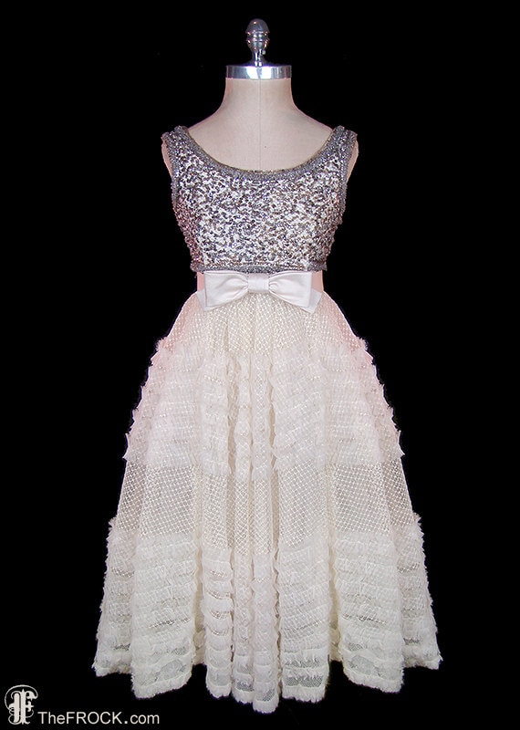 Norman Hartnell dress, silver beaded & sequined ta
