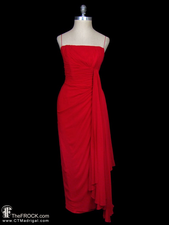 Jean Desses gown, vintage red silk chiffon goddes… - image 1