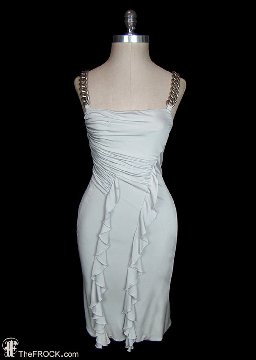 Versace Vintage Ruffled Jersey Dress W/ Chain Straps, Gathered 