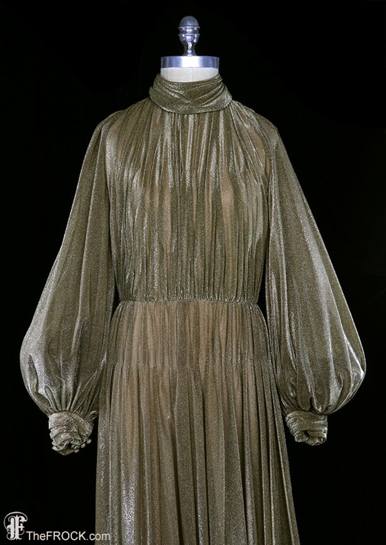Luis Estevez maxi dress, gold metallic gown, bishop sleeves, 1960s 1970s 60s 70s gown grecian goddess, metallic lame, high neck floor length image 2
